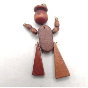 Vintage Mid Century Modern Teak Wood Modernist Brooch Pin Figure Articulated